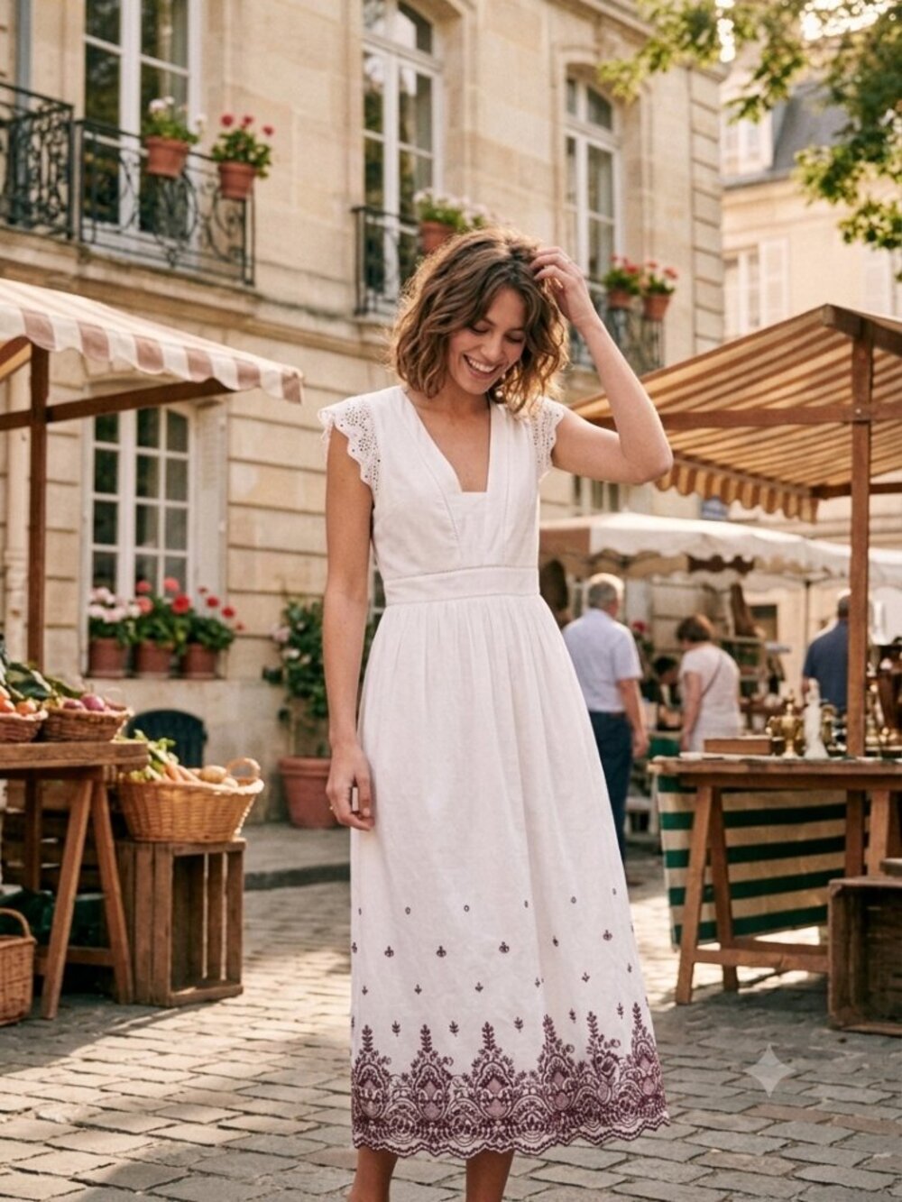 White Eyelet Cotton Midi Dress V-Neck Bridal Boho Coastal Size 4